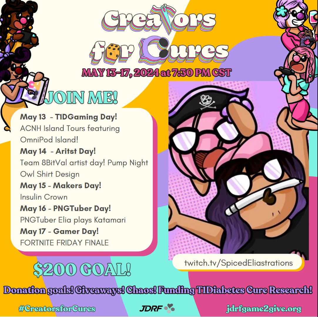 IT IS THAT TIME ONCE AGAIN MY LITTLE CONCHAS. Creators for Cures is happening in less than two weeks and have I got a week of creative chaos ready for y'all to hype up and gather donations for the JDRF! Save the date and let's get ready to cure some diabetes!
🤍💛💜💙💓