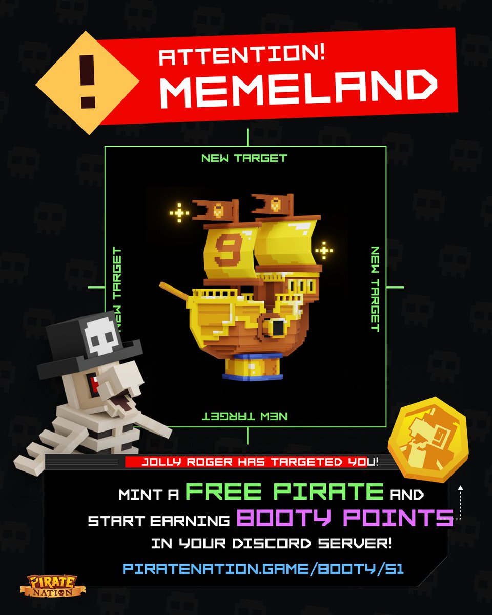 Welcome @Memeland to the Jolly Roger 🥔🏴‍☠️

For the next 48 hours, anyone holding an MVP, a Potatoz, or a Captainz can mint a free Pirate, join the game, and start earning BOOTY Points.

Memeland holders are invited to join in all the Pirate fun!