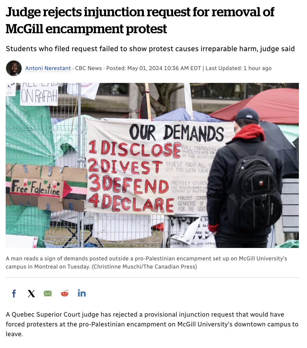 A Quebec Superior Court judge has rejected McGill University's shameless request for an injunction barring students from maintaining their Palestinian solidarity encampment on university property.

The plaintiffs alleged in their court filing that the groups have 'created an…