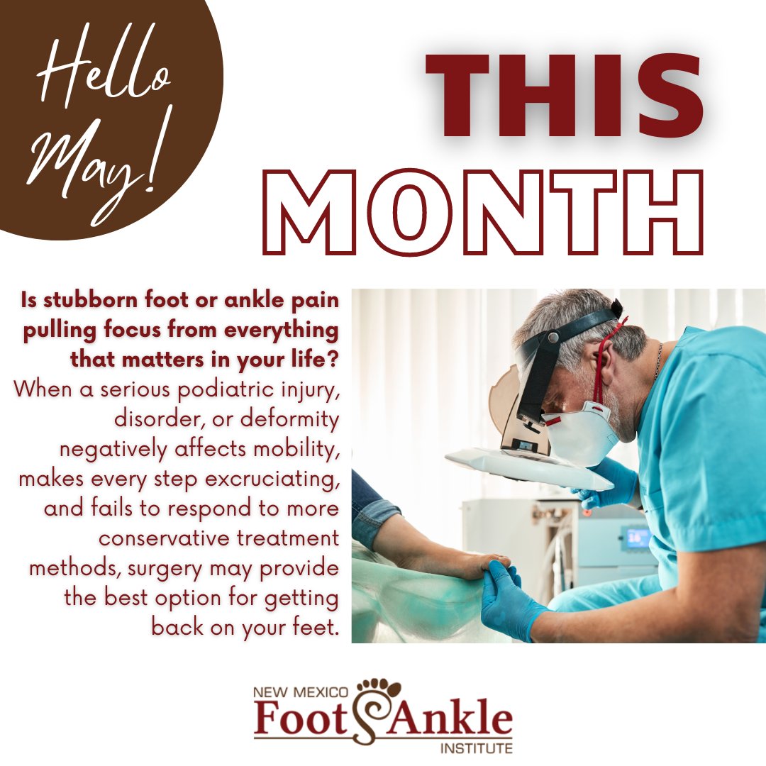 Throughout May, we'll be talking all about foot and ankle surgery, so make sure you’re following us!
.
.
.
#footpain #anklepain #podiatry #bestpodiatrists #patientcare #healthcare #footdoc #photo #follow #footsurgery #anklesurgery #podiatrist #NewMexicoFootAndAnkleInstitute