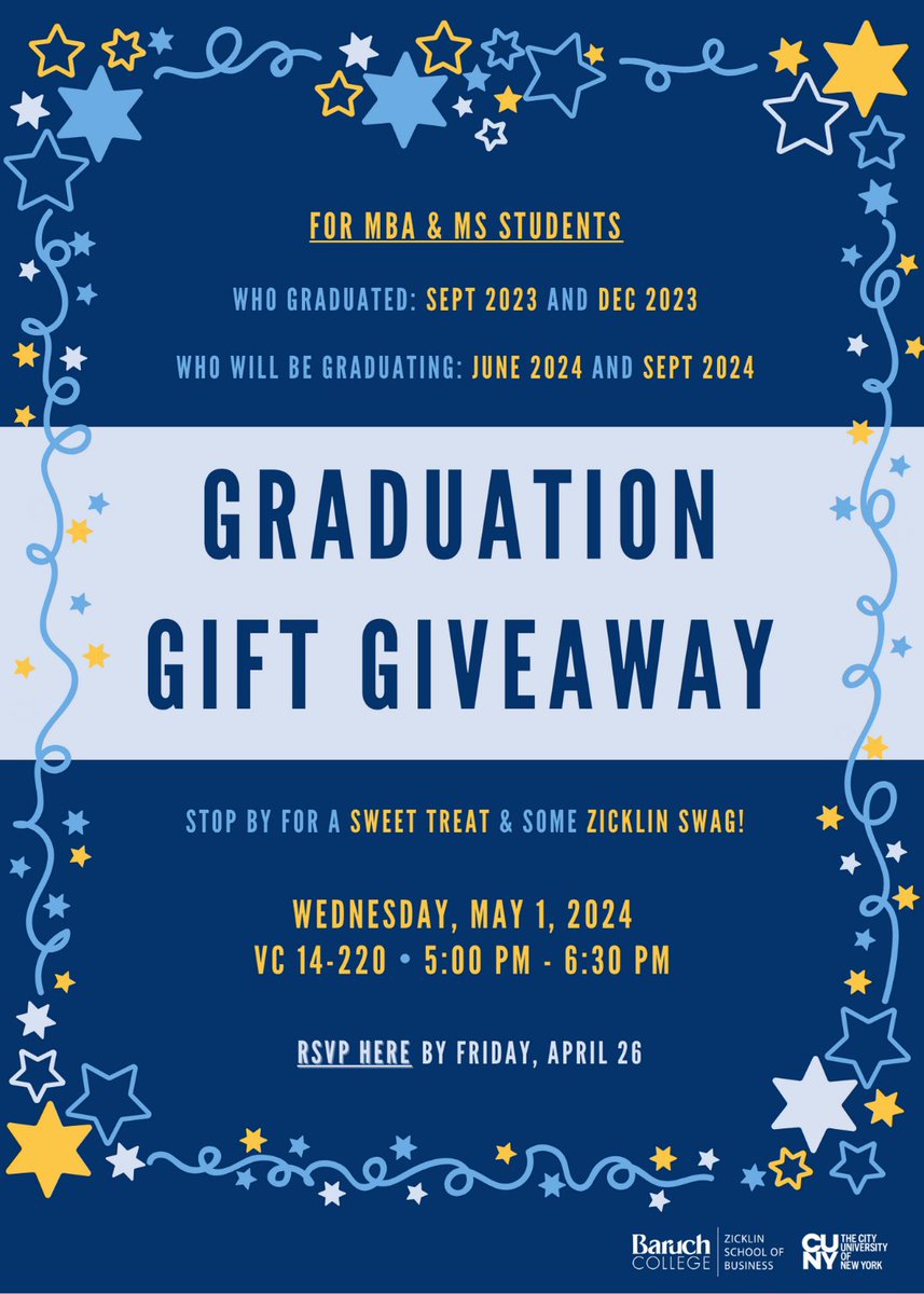 Stop by for a sweet treat and some Zicklin swag at the Graduation Gift Giveaway, tonight from 5 PM - 6:30 PM! RSVP no longer needed! #BaruchCollege #BeBaruch #ZicklinPride #EventsAtTheGCMC