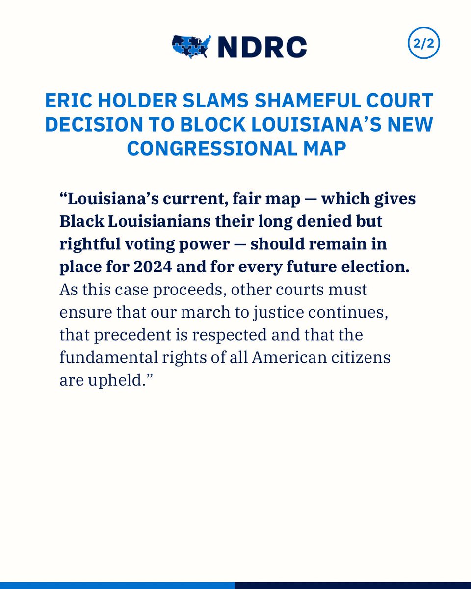 Yesterday, a federal court struck down Louisiana’s congressional map — a radical decision that threatens to undermine voting rights and representation for Black communities. It will not go unchallenged. @EricHolder’s full statement ➡️ bit.ly/3wgotdD
