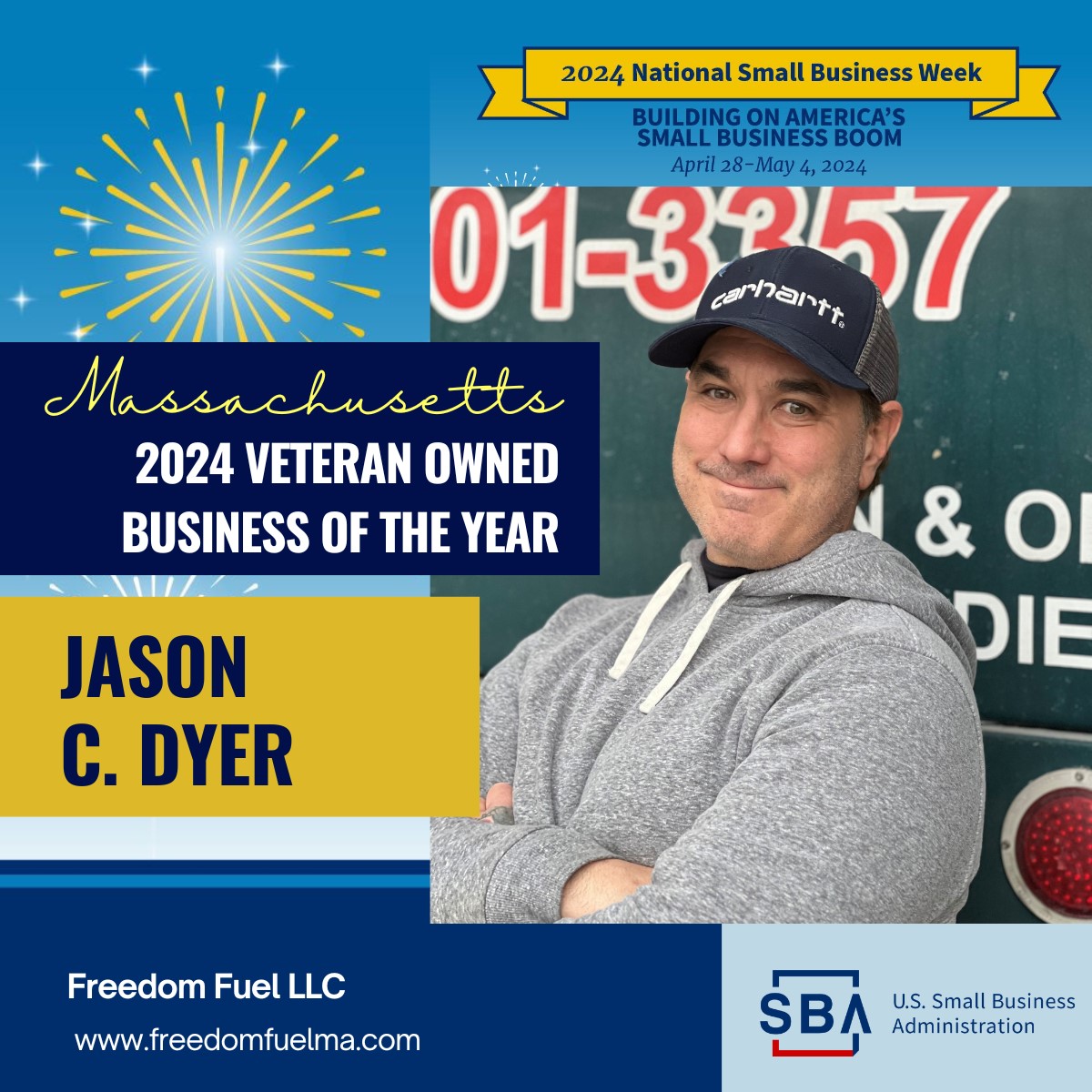 🏆 Congratulations! The 2024 #Massachusetts Veteran Owned Business of the Year is Jason C. Dyer, Founder and Owner of Freedom Fuel LLC #SmallBusinessWeek