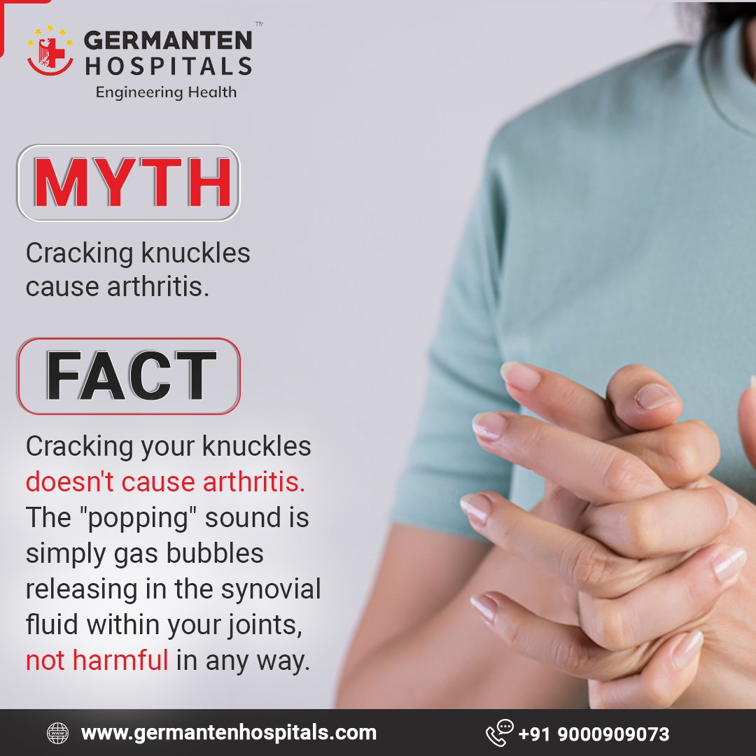 Let's debunk the myth surrounding knuckle cracking and arthritis. It's just gas bubbles releasing, not a precursor to arthritis. Protect your joints with proper care and understanding. #arthritisawareness #orthopedics #knuckles #myth #germantenhospital'