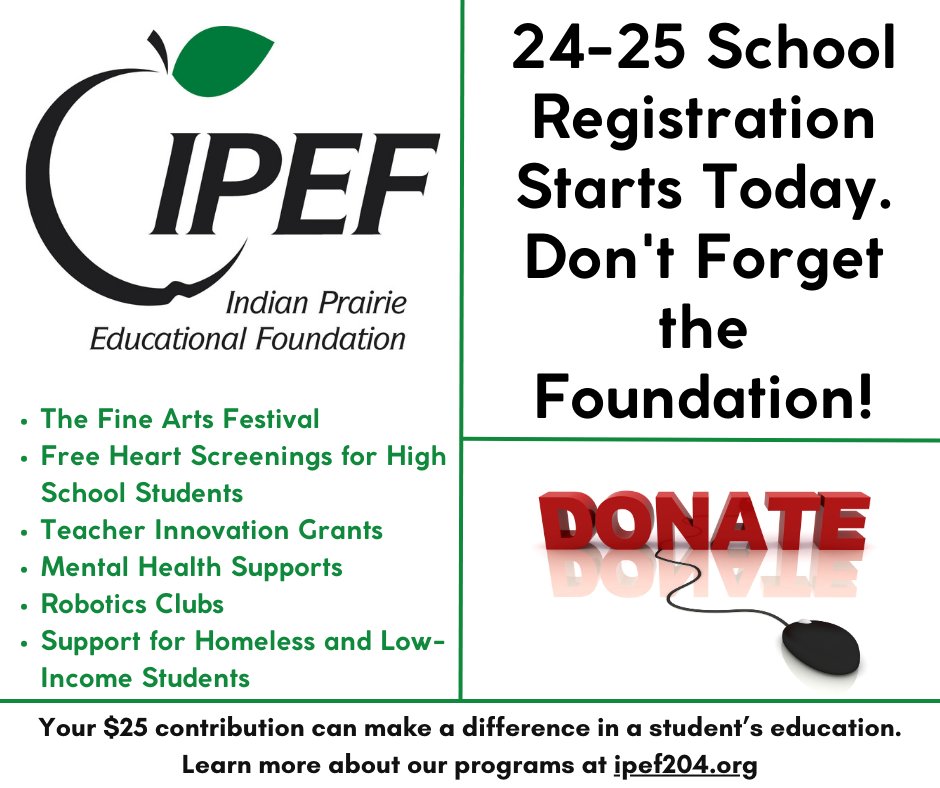 DON'T FORGET THE FOUNDATION when you register for the 24-25 school year! Your $25 donation helps fund vital educational enrichment and student support programs in @ipsd204. With your help, we can help all of our students reach their full potential!