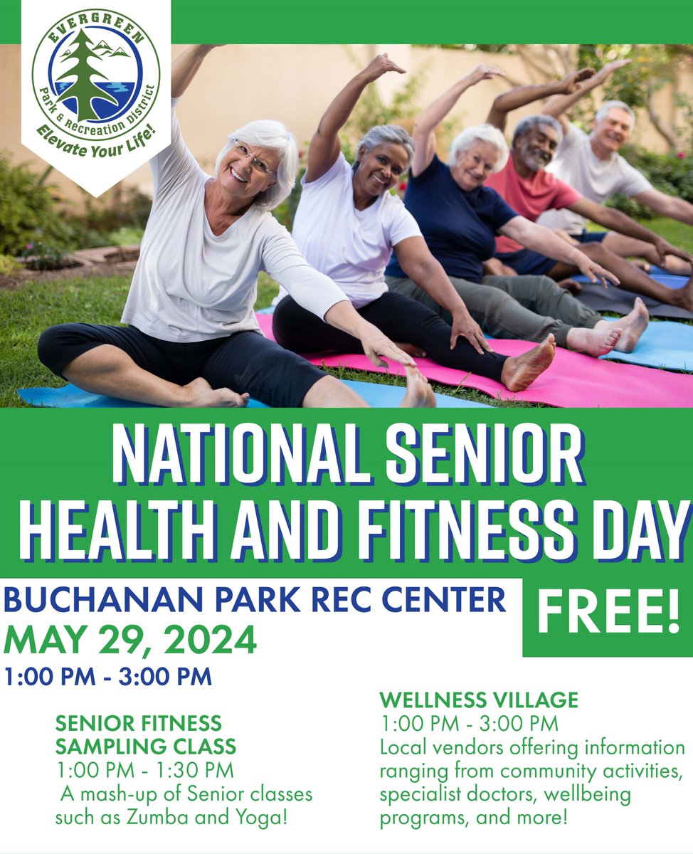 SAVE the DATE: Evergreen Park and Recreation District, EFR and other community partners are hosting Senior Health & Fitness Day at Buchanan Rec Center on May 29 from 1-3 p.m. It's Free and Fun! #AgingSafely #AginginPlace