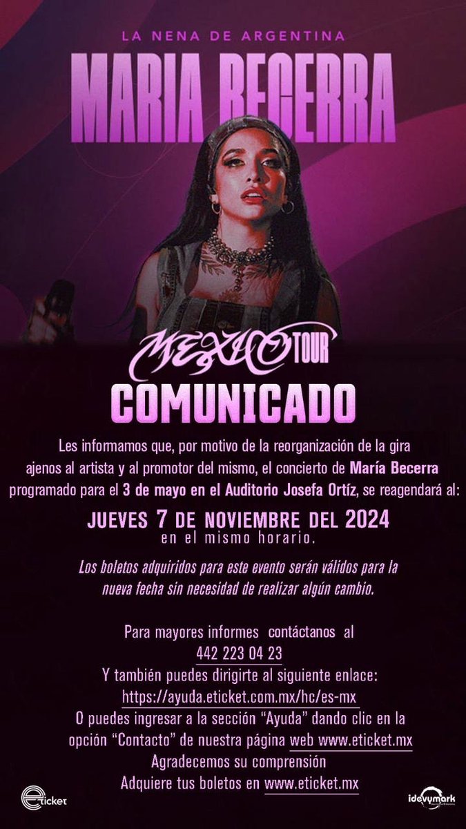 ‼️Información importante sobre el concierto de María Becerra en Querétaro ‼️ Te informamos que el show cambia de fecha al 7 de noviembre por temas de logística ajenos a la boletera, nos vemos pronto para disfrutar de la nena de Argentina 😎💖