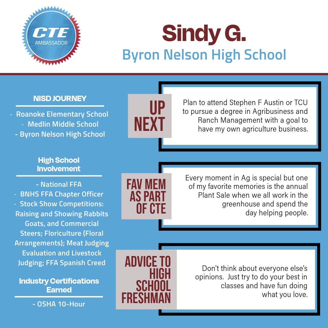 🎓Congrats to Class of '24 NISD CTE Ambassador Sindy G. | Plant Science @ByronNelsonHigh 🌟Sindy would like to recognize CTE teacher Mrs. Galena Morrin for being an amazing teacher, helping her through the past 3 years and the opportunities she's given her. Read about Sindy⬇️