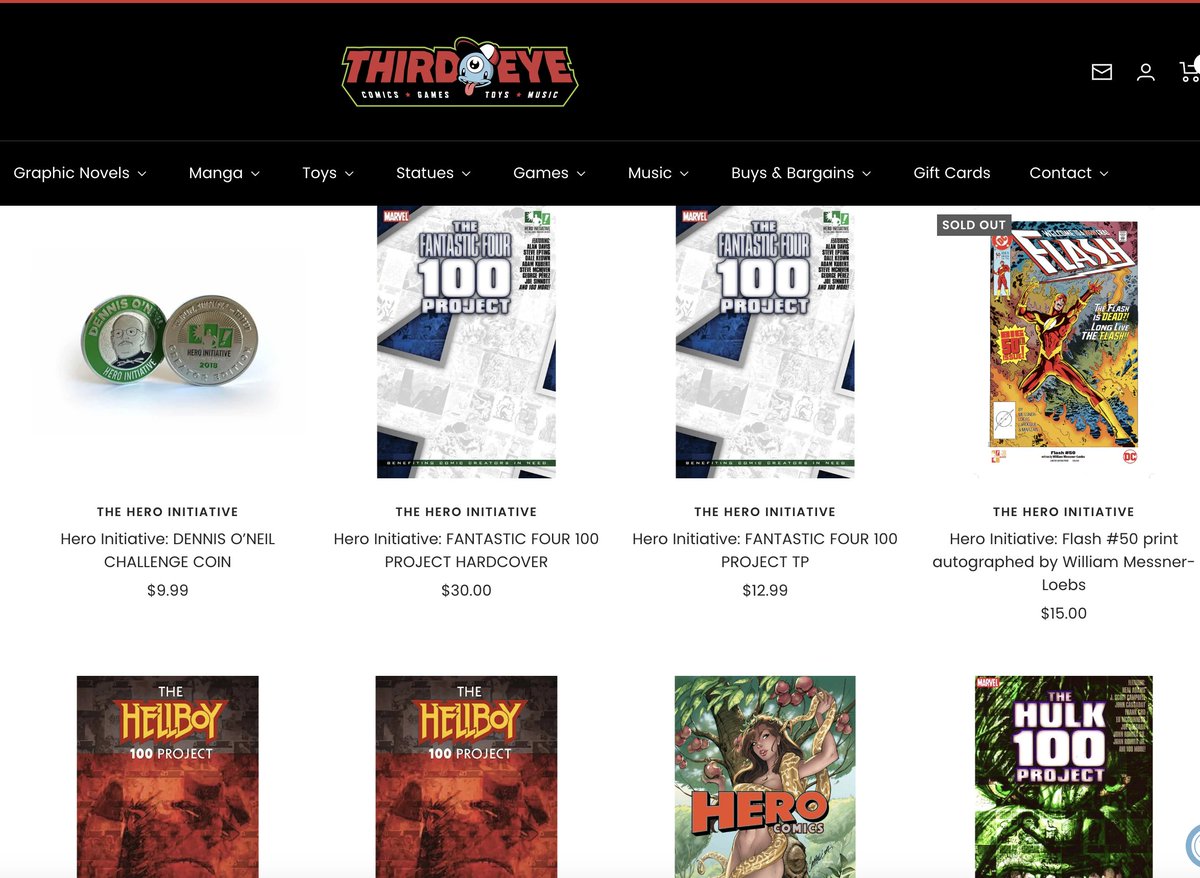 Out friends and retail partners @thirdeyecomics have 42 (!) Hero Initiative items available for sale and IMMEDIATE shipping! Books, challenge coins, signed prints, and MORE! Go NOW: shop.thirdeyecomics.com/collections/th…