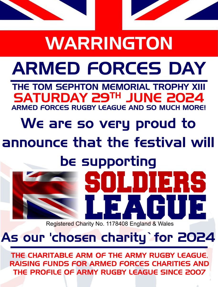 We are so very proud to announce that the chosen charity for the 2024 #Warrington  @ArmedForcesDay  -  @sephtontrophy festival will once again be the @ArmyRugbyLeague ’s Charity arm- @Soldiers_League 

They provide so much support to our serving personnel and our veterans🇬🇧🏉💂‍♀️💪