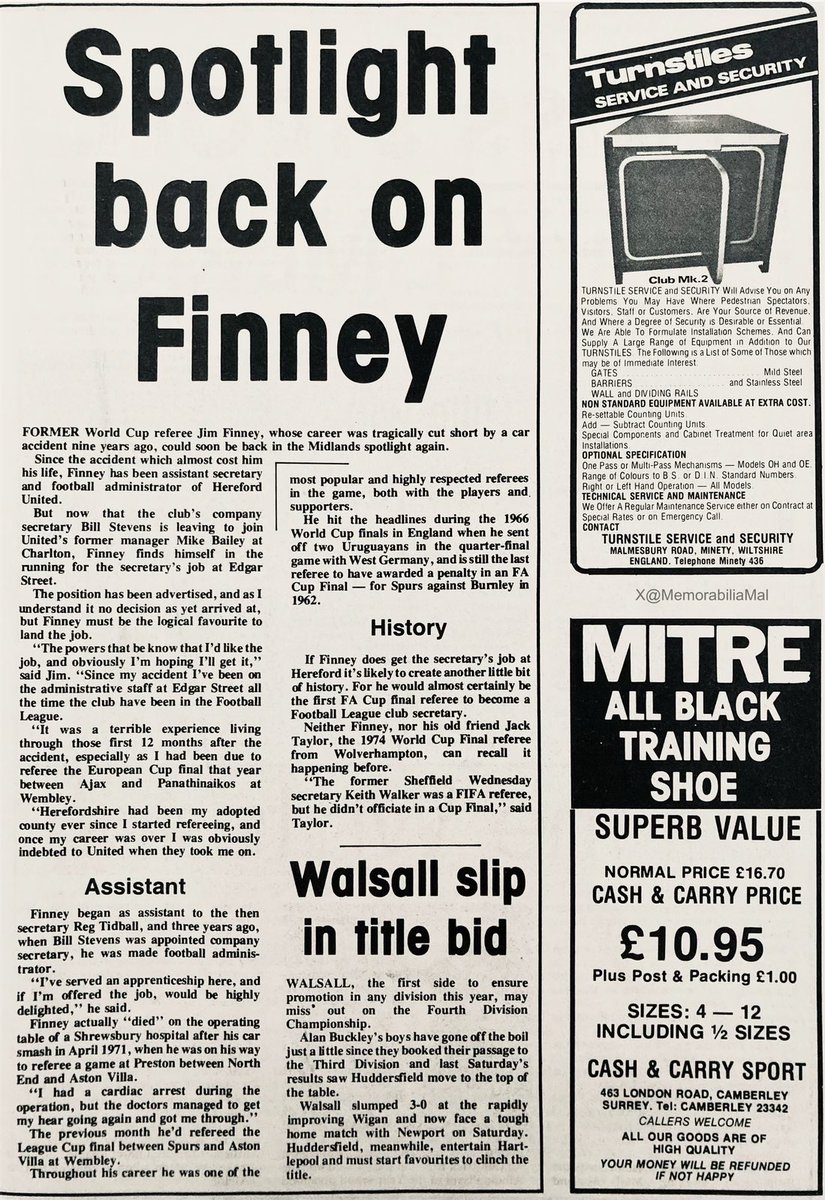 Article on ex-Referee Jim Finney Football Weekly News 30/4/80 #HerefordUnited #Referee