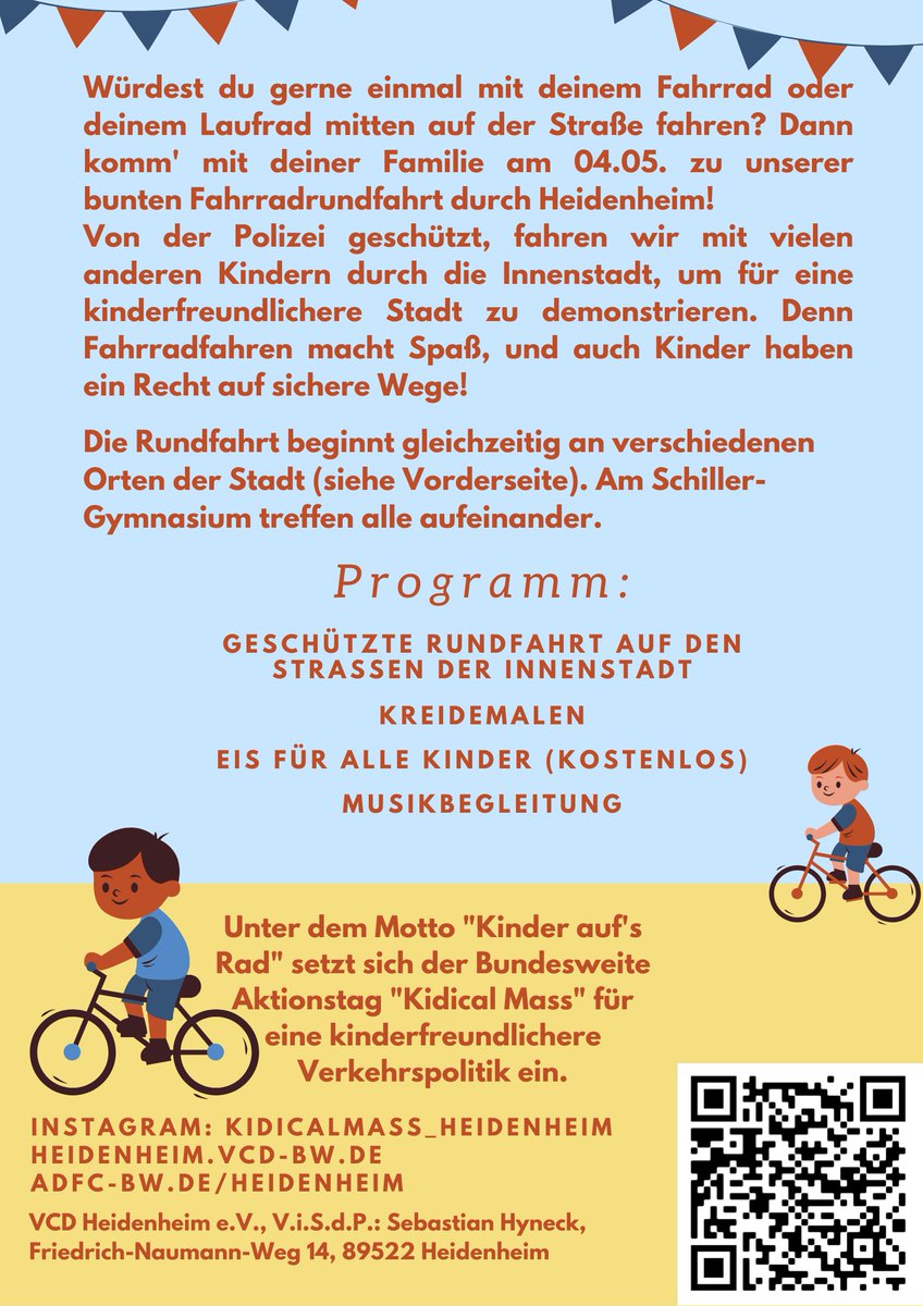 Bunte 🎈Kinderrundfahrt #KidicalMass  🚲 🚴‍♀️🛴🚲🛴🚴‍♀️🛴🚲
Jung und Alt fahren auf von der Polizei 🚓 abgesperrten Straßen mit Laufrädern,  Fahrrädern, Fahrrad-Anhängern und Lastenrädern durch die Innenstadt #Heidenheim 
04.05.2024
⬇️⬇️⬇️ Startpunkte  ⬇️⬇️⬇️