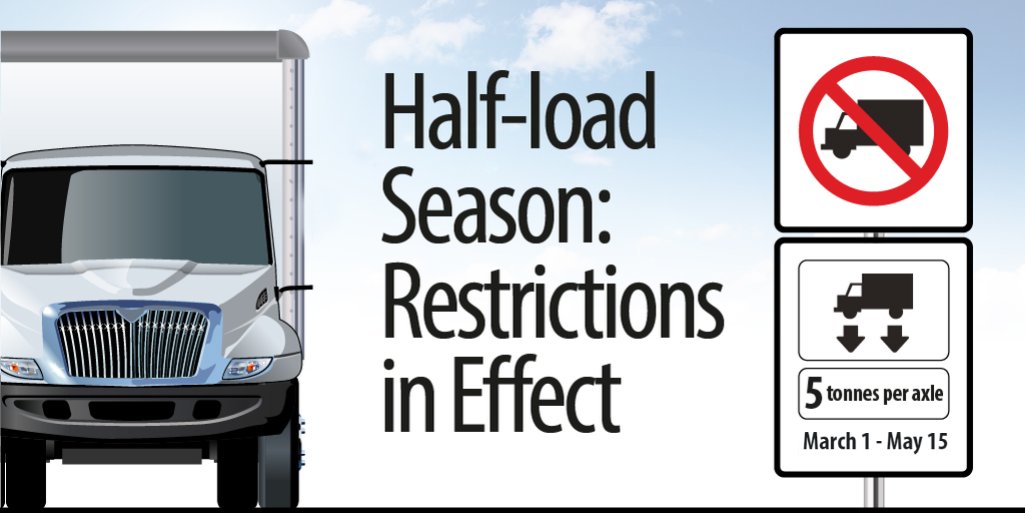 #Reminder: Half-load season is still in effect until May 15 for gravel roads. During this period, vehicles are restricted to a maximum of 5 tonnes per axle. 🚚 Learn more: ow.ly/RjGX50QIQpy