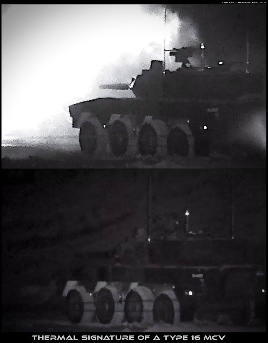 A Type 16 MCV from the 22nd Rapid Deployment Brigade during a night-time firing, which is not often seen even by the SDF members. This MCV is observed through a thermal imager camera during firing and resting. When viewed from the rear, it is overall very dark  (･ω･)b
