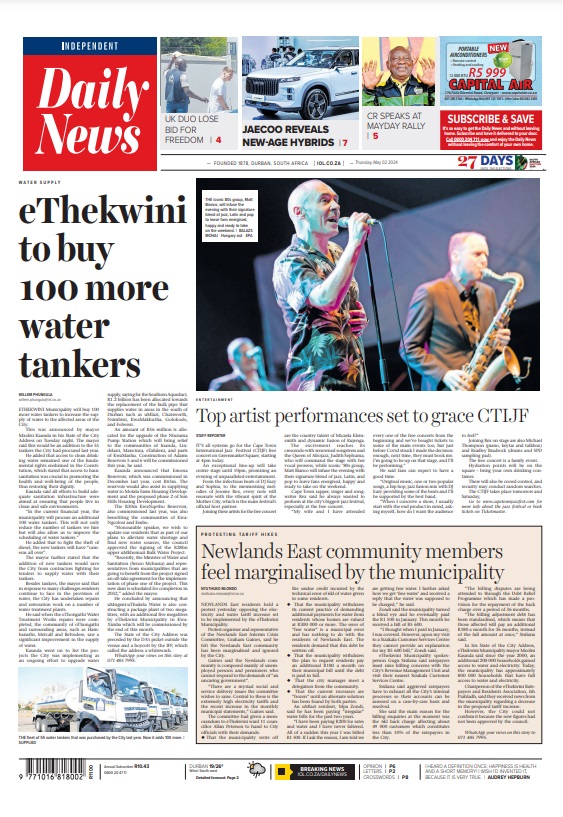 Our front page on May 2 #eThekwiniMunicipality #Water #WaterCrisis #ServiceDelivery #Murder #Ulundi #PoliceBrutality