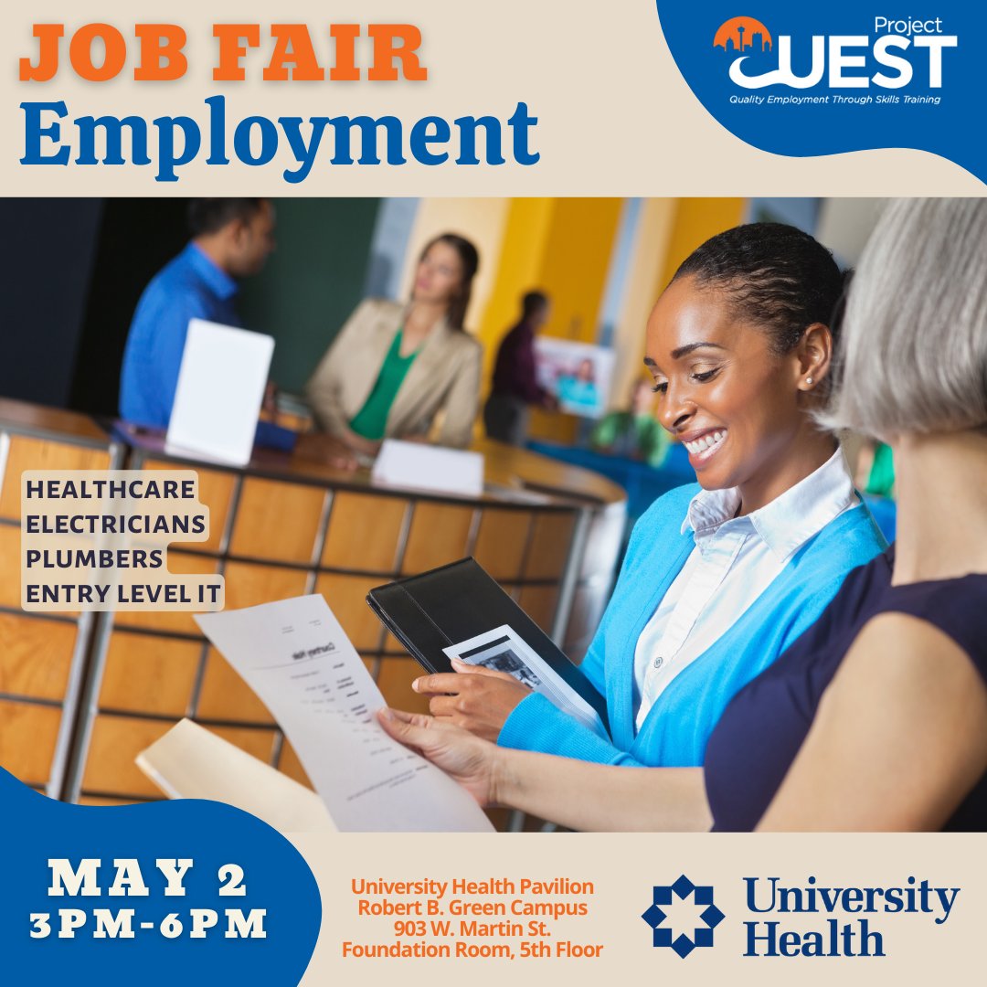 Check out the @UnivHealthSA & Project QUEST Job Fair happening on May 2, 2024 from 3pm-6pm. RSVP at forms.office.com/pages/response… For those needing resume assistance, email us at: alumni@questsa.org #jobsearch