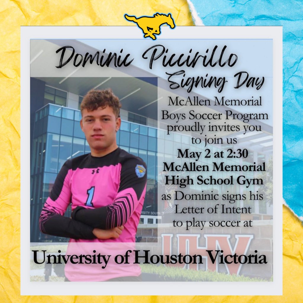 🩵⚽️Dominic Piccirillo - signs at UHV⚽️💛 On Thursday, May 2 at 2:30 in the McAllen Memorial High School Gym, our Goalkeeper, Dominic Piccirillo, will be signing his Letter of Intent to play soccer at UHV! Congrats Dom! #FaithFamilyFutbol #mustangproud #1PRIDE