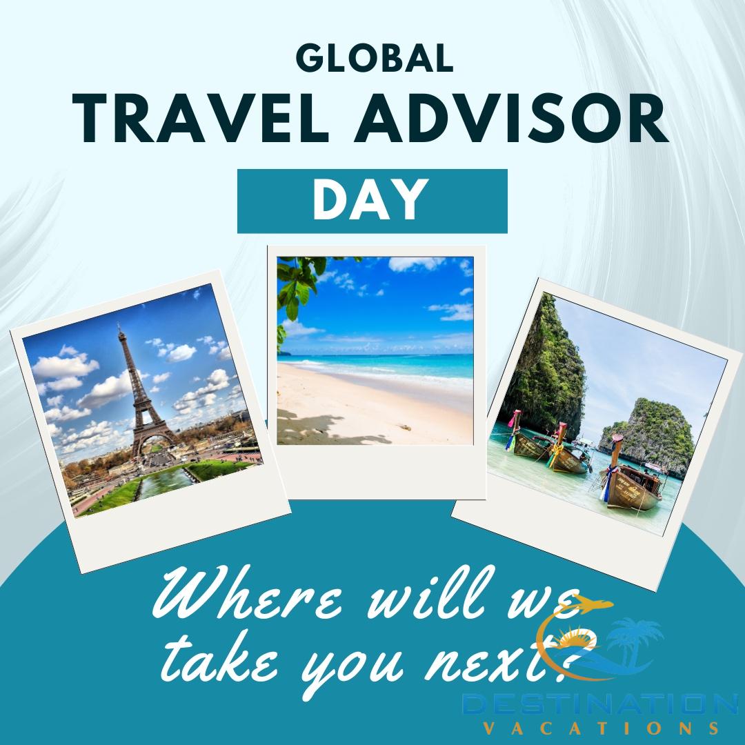 🌍 Happy Global Travel Advisor Day! ✈️ Whether you're dreaming of Parisian cafes 🗼, sun-kissed beaches 🏖️, or serene island escapes 🛶, at Destination Vacations LLC, we're here to guide you there. Where do you want to go next? Let's make it happen! #GlobalTravelAdvisorDay #T...
