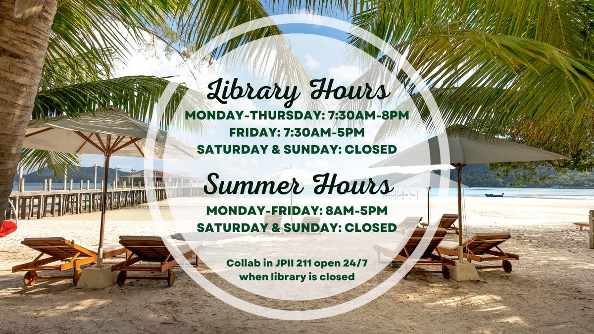 Summer is right around the corner! Here are the library hours for Finals Week and our Summer Hours beginning May 6th. The library staff is here to help you! Library hours are posted on the 1st and 2nd floor doors. Collab open 24/7! #vannlibrary #hours #finalsweek #summer @USFFW