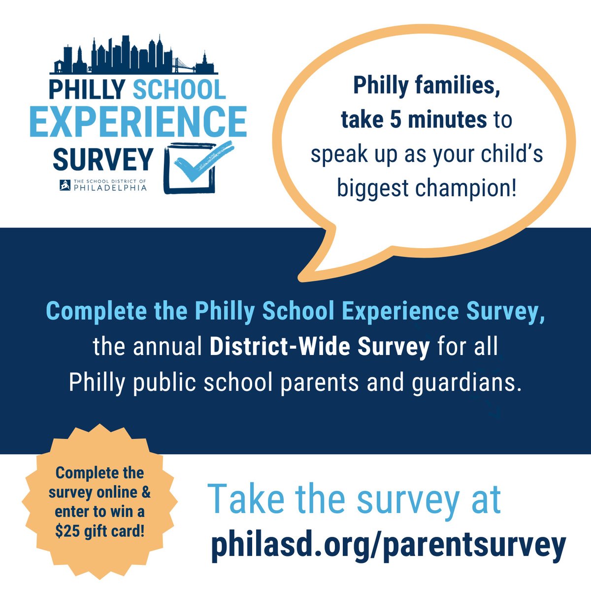 The 2023-24 Philly School Experience Survey is open now for all District parents and guardians. Let your voice be heard! Access the survey here: philasd.org/parentsurvey #PHLED