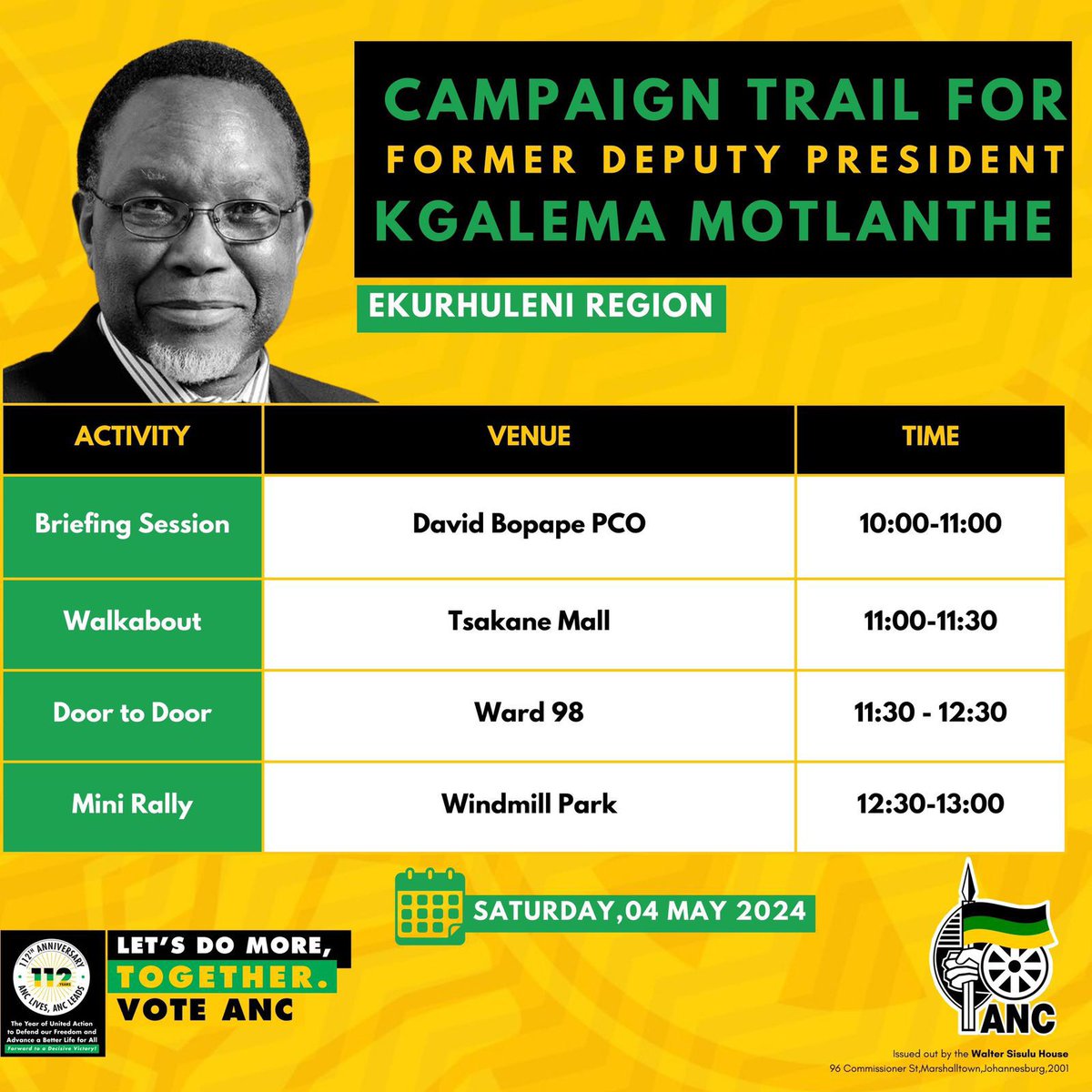 BREAKING NEWS: Deputy President Kgalema Motlanthe hits the campaign trail! Former President of the RSA, Kgalema 'Mkhuluwa' Motlanthe, will tomorrow be on the ground in Ekurhuleni, requesting people to vote for the ANC. ANC victory is CERTAIN! #VoteANC2024 #LetsDoMoreTogether