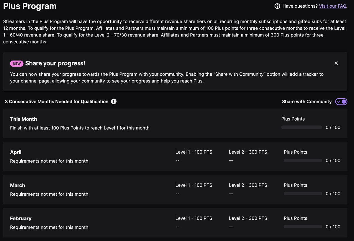 Happy Plus Program day 🥳 

Today is the first day eligible Affiliates and Partners are being invited to the new Plus Program with increased revenue shares! 💜

Track your Plus Point progress in our new Plus Program widget in your Revenue dashboard, here:

link.twitch.tv/PlusDashboard