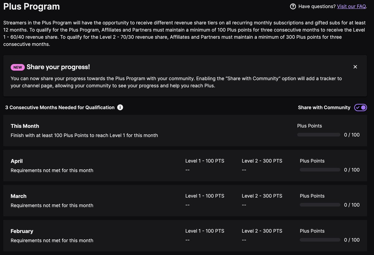 Happy Plus Program day 🥳 Today is the first day eligible Affiliates and Partners are being invited to the new Plus Program with increased revenue shares! 💜 Track your Plus Point progress in our new Plus Program widget in your Revenue dashboard, here: link.twitch.tv/PlusDashboard
