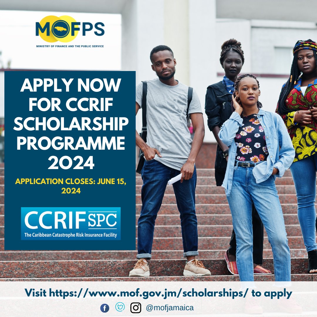 REMINDER! CCRIF invites Caribbean nationals to apply to its scholarship program to study at Caribbean universities. For more info: mof.gov.jm/scholarships/ #MOFPSJamaica