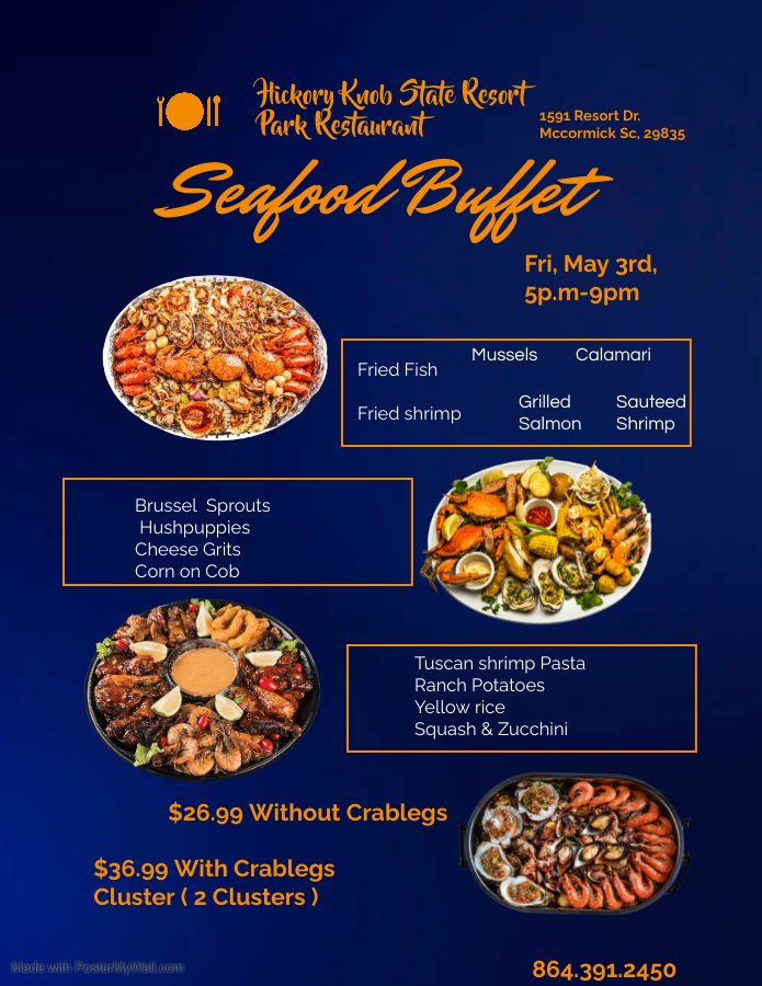 Join us for our Seafood Buffet at the Hickory Knob Restaurant, Friday, May 3 from 5-9pm. All the details & menu below! brnw.ch/21wJmo9