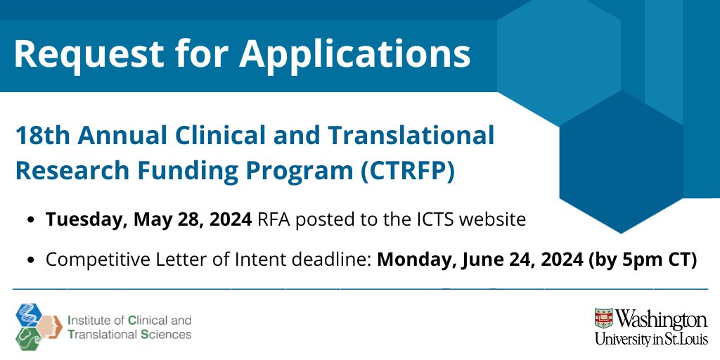 Announcing the ICTS 18th annual Clinical and Translational Research Funding Program. The CTRFP provides #WUICTS members with the opportunity to apply for funds to promote the translation of scientific discoveries into improvements in human health.

More&gt; l8r.it/EQgT
