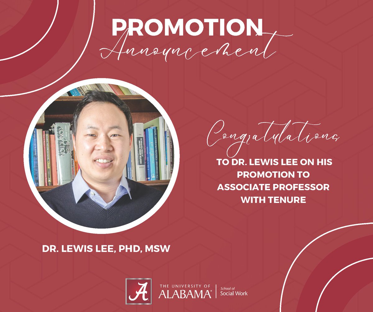 🎉 Congratulations to #UASSW's Dr. Lewis Lee on his promotion to Associate Professor with tenure! Dr. Lee's commitment to advancing knowledge and fostering growth within our community creating lasting impact, and we're honored to celebrate this milestone with him! #SocialWork