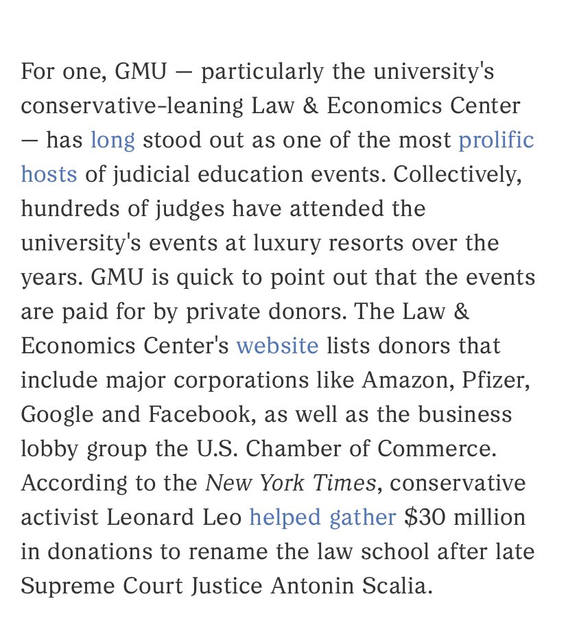 Other speakers included corporate CEOs, including the CEO of a company currently suing the SEC. GMU points out that these judicial education events are privately funded, and they list donors including Amazon, Pfizer, Facebook, and the conservative billionaire Charles Koch.