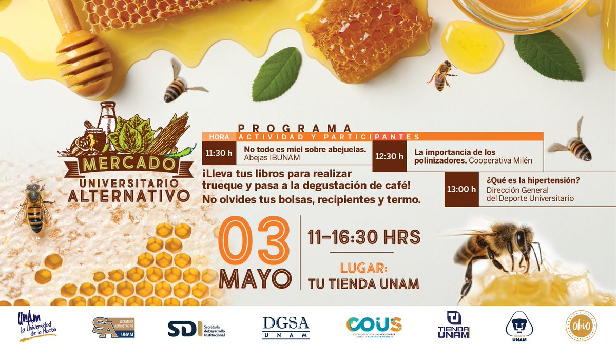 Este viernes 3 de mayo, date una vuelta por el #MUA en @TiendaUNAM festejamos el Día Mundial de las abejas  🐝🍯🍯🐝 y el importante papel que tienen estos polinizadores para la conservación de la #biodiversidad y el desarrollo de la agricultura.
⏰ 11 a 16:30 hrs