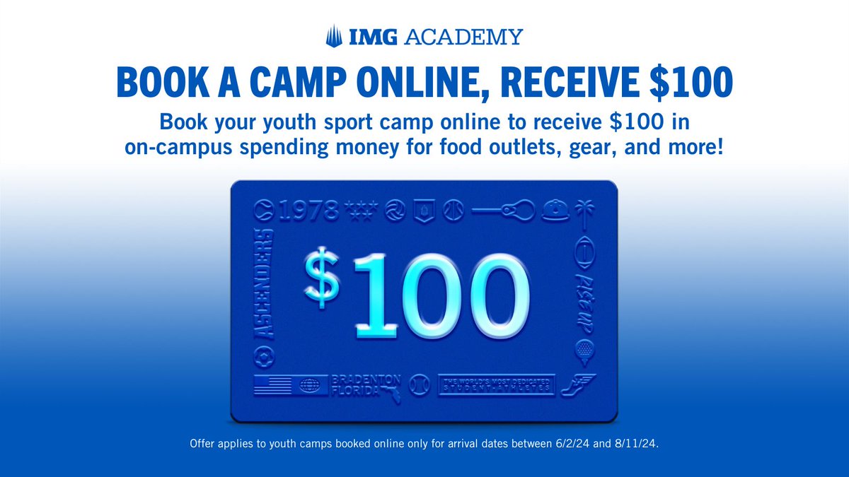 Experience a summer of unparalleled development at IMG Academy‼️ Reserve your place online before May 26th and enjoy $100 in on-campus spending money for food, shopping, and more! This exclusive offer is valid for youth camps booked online, with arrival dates between 6/2-8/11!