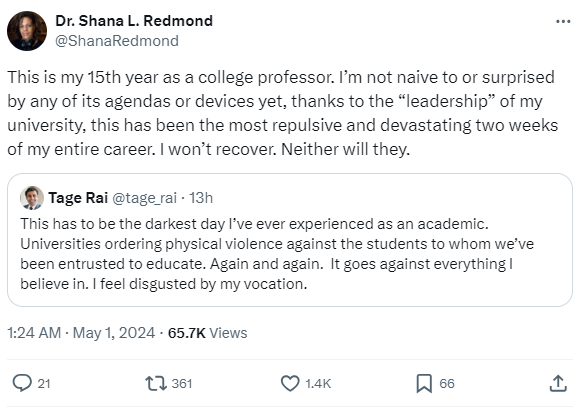 This @Columbia professor responds to her colleague by declaring that neither she nor the students will recover. They all must have the most charmed lives if this is the most severe trauma from which they can't recover. 2/3