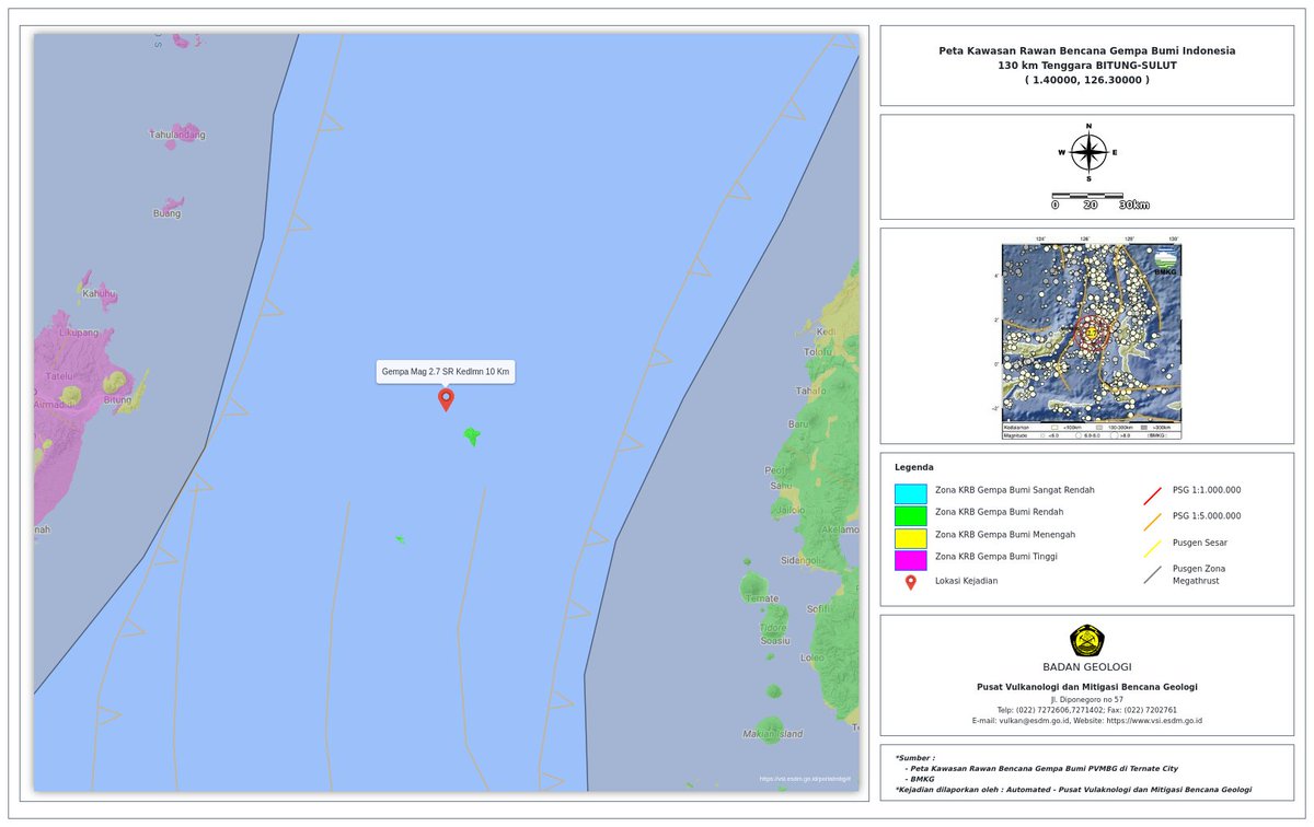 Terjadi #GempaBumi 130 km Tenggara BITUNG-SULUT.kedlmn 10.0Km,Zona:Luar Zona Peta KRB Gempabumi.Cek Analisis Geologi Gempabumi Signifikan vsi.esdm.go.id Dibuat Secara Otomatis oleh #PVMBG #BadanGeologi Parameter gempa: BMKG