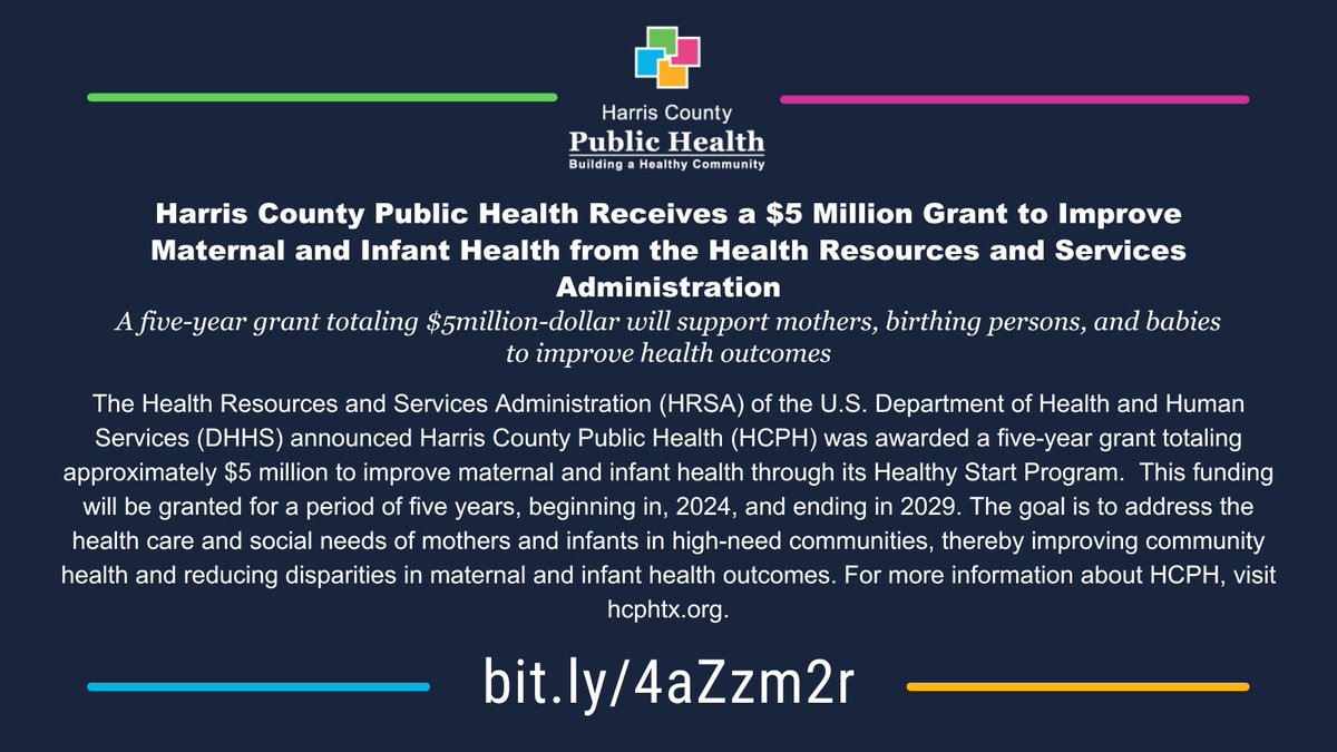 Harris County Public Health Receives a $5 Million Grant to Improve Maternal and Infant Health from the Health Resources and Services Administration Full press release: bit.ly/4aZzm2r