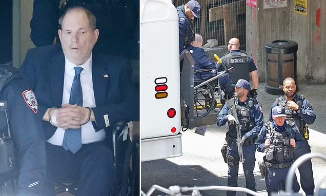 🔥🚨BREAKING: Harvey Weinstein is wheeled into New York court in handcuffs with a telltale tag on cuff of his new suit in first appearance since conviction was overturned.