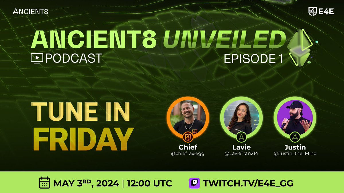 📢Episode 1 of the #Ancient8Unveiled podcast has a new date: 🗓️ May 3rd at 12:00 UTC 📺 Twitch: E4E_GG Tune in this Friday to learn about @Ancient8_gg chain and what it means for your #Web3 & #DeFi experience👏 featuring @LavieTran214, @Justin_The_Mind & @Chief_AxieGG👥