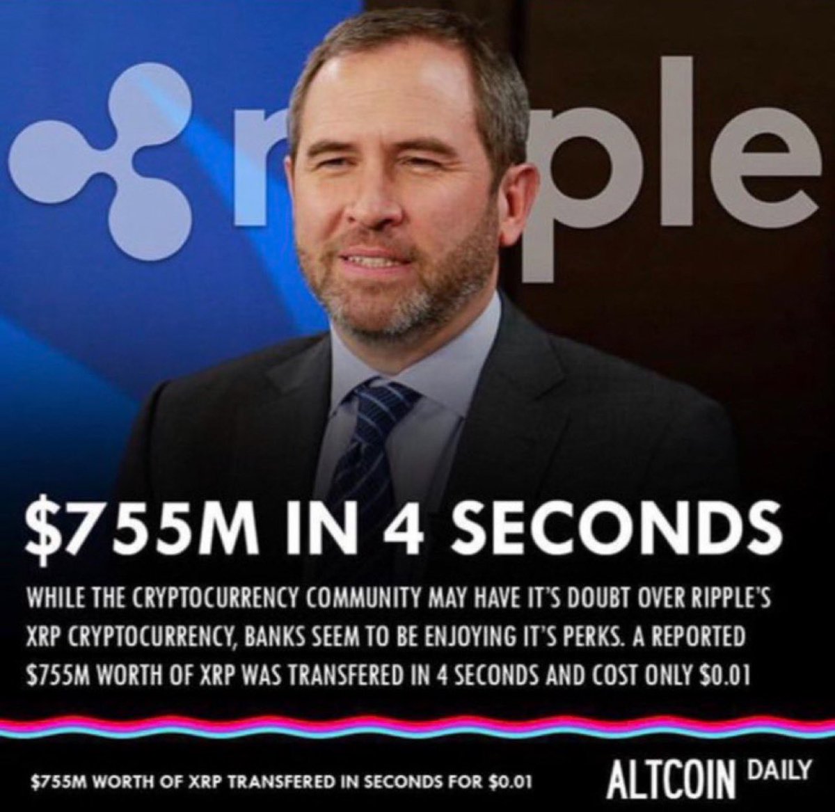 A bank just sent $755M worth of $XRP and it was transferred in 4 seconds and cost only $0.01.

That’s it. That’s the tweet. This is why #XRP will eventually win.