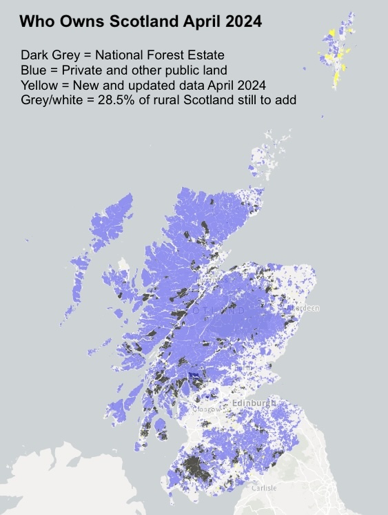The April 2024 update to Who Owns Scotland is now published. It adds 100 new landholdings covering an additional 110,671 acres & brings the total coverage to 3100 landholdings covering 13,596,922 acres - 71.4% of rural Scotland. 1/2 whoownsscotland.org.uk