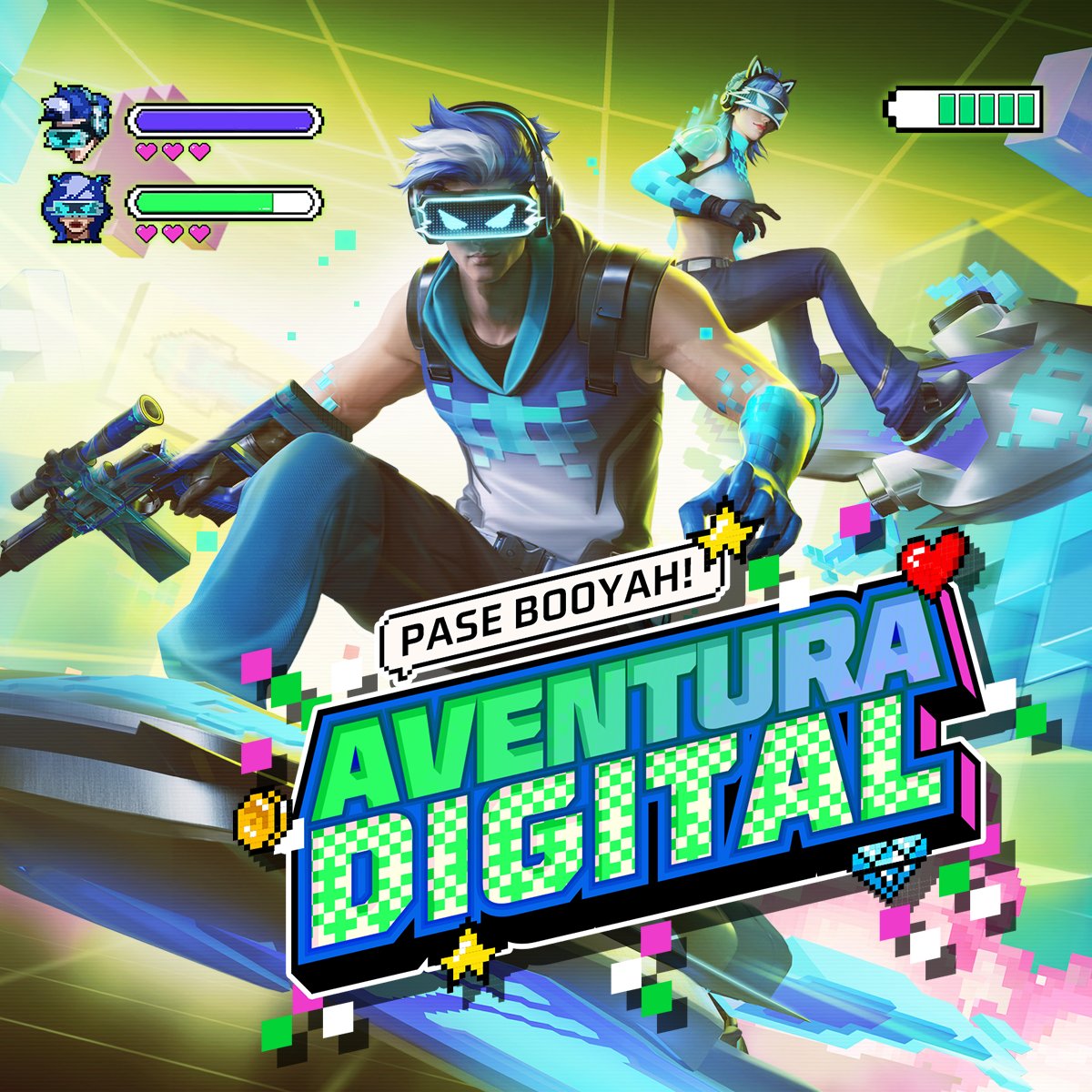 🔝 DIGITALÍZATE 👾 ¡Tu aventura en pixeles comienza esta temporada! 🔟 objetos coleccionables en 8 bits te esperan para potencializar tu poder hasta llegar al Booyah! ⚡⚡⚡