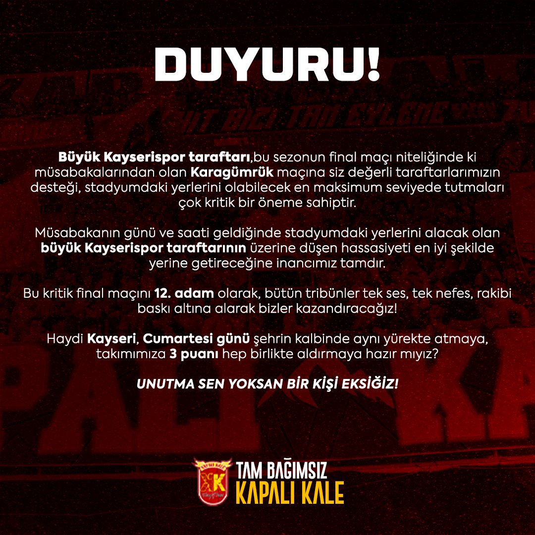 Büyük Kayserispor Taraftarı, Karagümrük maçında buluşuyoruz! 

#Kayserispor | #KapalıKale