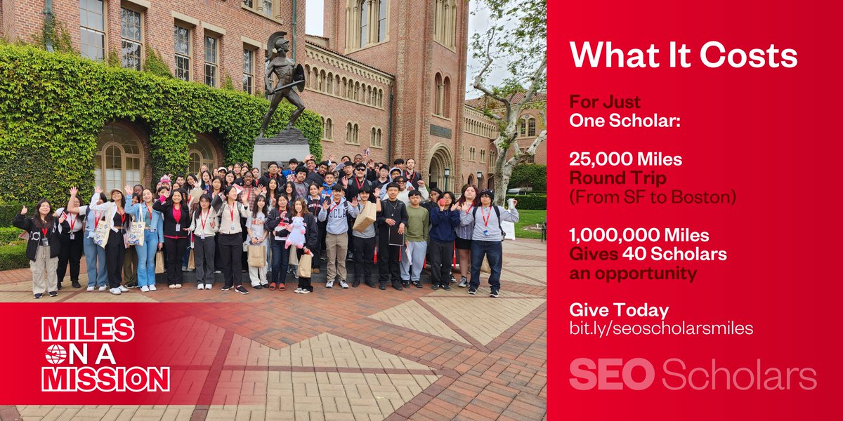 With just a little over a month left until the end of the campaign, now is your chance to donate your United Airlines miles!

Give Today: bit.ly/seoscholarsmil…

#CollegeVisits #EmpowerDreams #OpportunityAwaits #FutureLeaders #EducationForAll #SFScholars