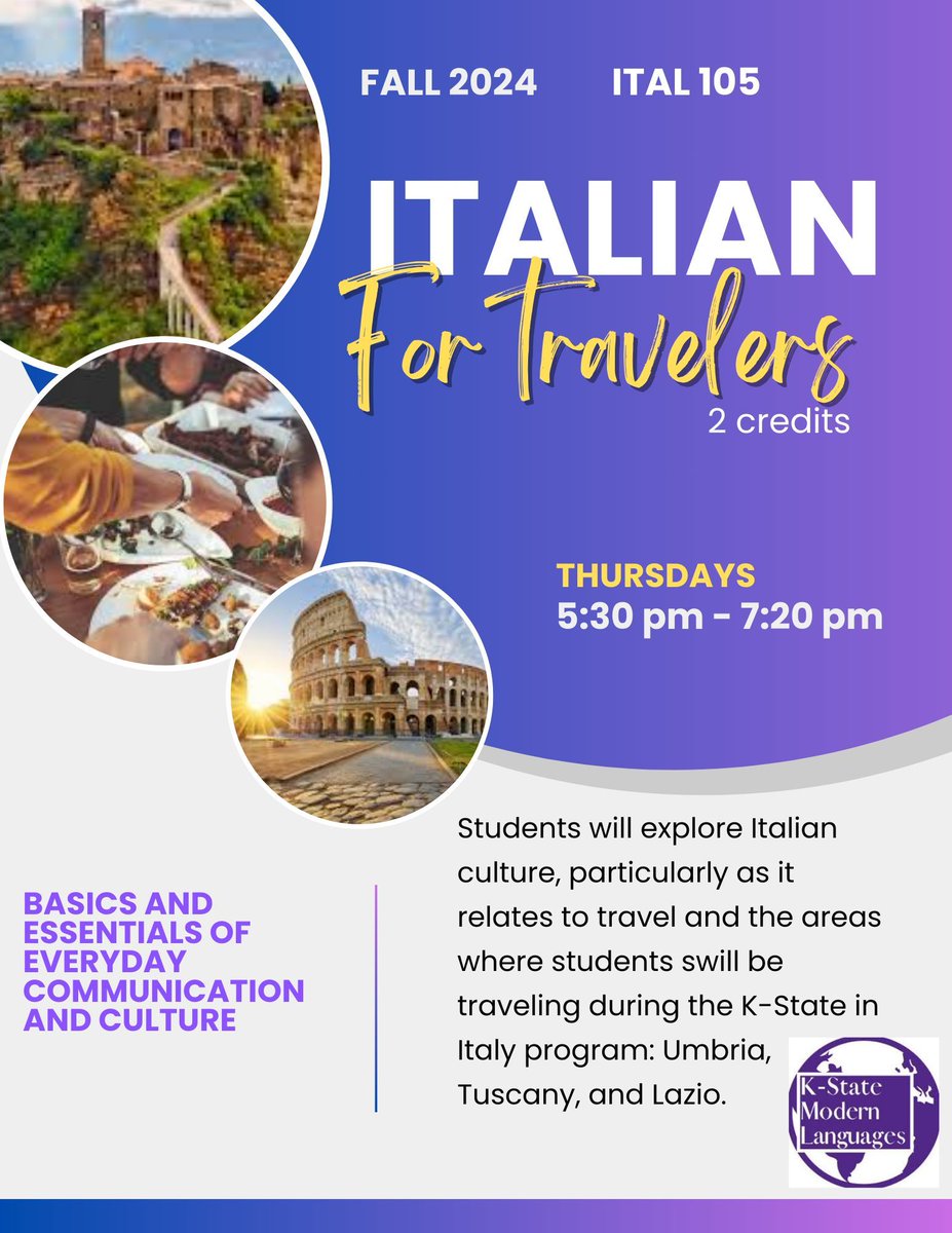 Are you participating in K-State's study abroad in Italy in 2025 or do you plan on traveling to Italy personally? Either way this Fall 2024 course held on Thursday evenings may be exactly what you need to get prepared and feel as confident as you can during this experience!