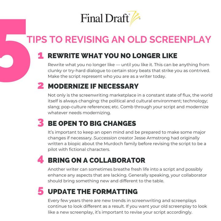 Although it’s good to look forward and to keep generating new concepts, sometimes an older script of yours might be worth revisiting. Here are 5 Tips To Revising an Old Screenplay and Rewriting to Get the Perfect Draft. More details: bit.ly/46kCVgV