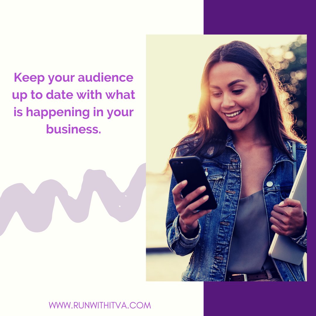 Your audience wants to know what is happening with you and your business. Let them know!

#smallbusinessadvice #onlinebusinesstips #productivitytips #smallbizsquad #biztips #smallbiztips #startuptips #contentmarketingtips #searchengineoptimization #personalbrand