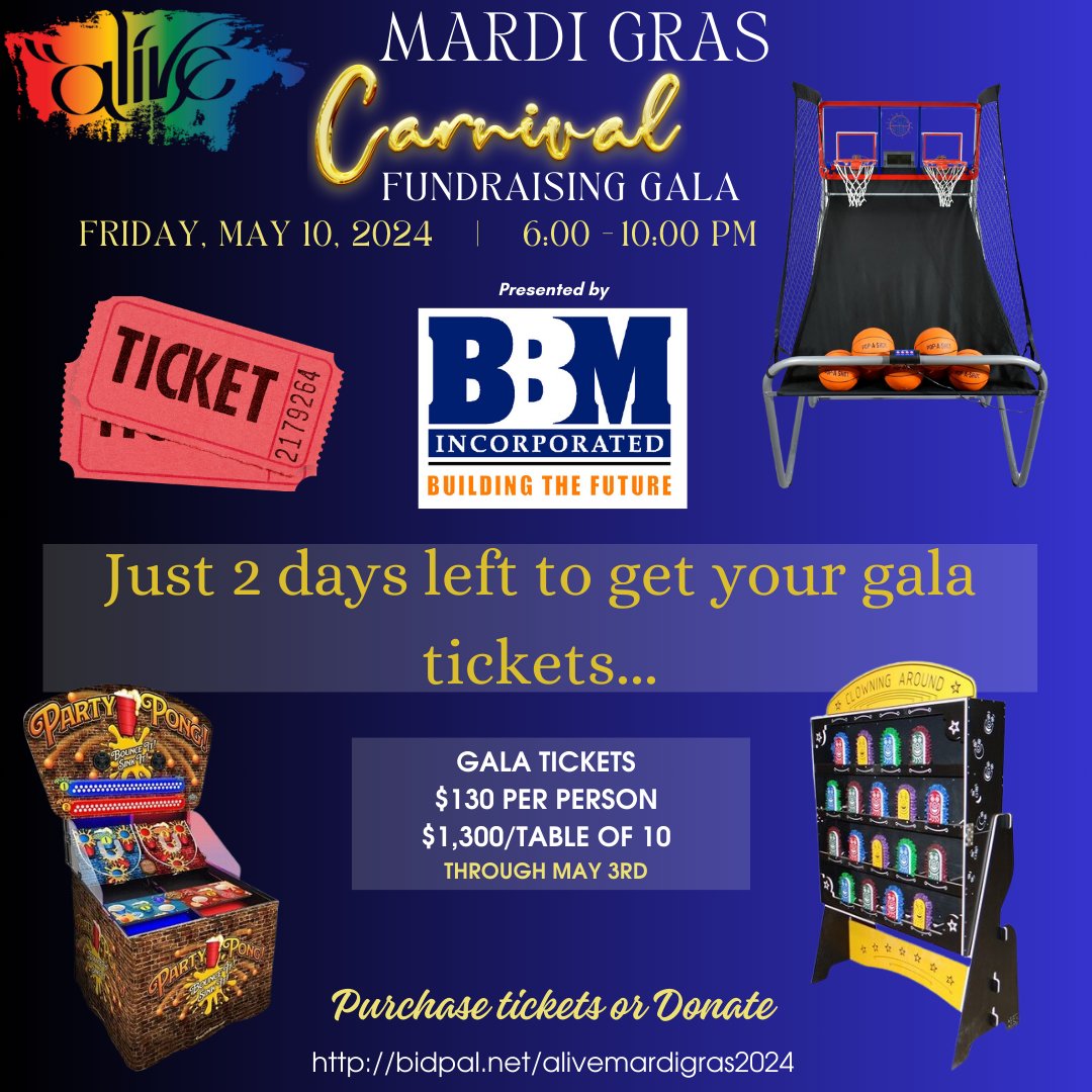 ⏰🎟️ Only 2 days left to snag your tickets for the Mardi Gras Carnival Fundraising Gala! 🎉  Grab your tickets now at bidpal.net/alivemardigras… before it's too late! #LastChance #MardiGrasGala #GetYourTickets