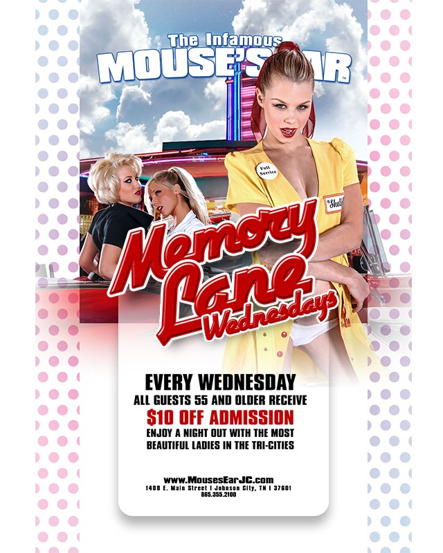 Take a stroll down Memory Lane with our beautiful dames! All guests 55+ get $10 off admission! . . . #Wayback #MemoryLane #SeniorDiscount #Wednesdays #GoldenOldies #MousesEar #JohnsonCity