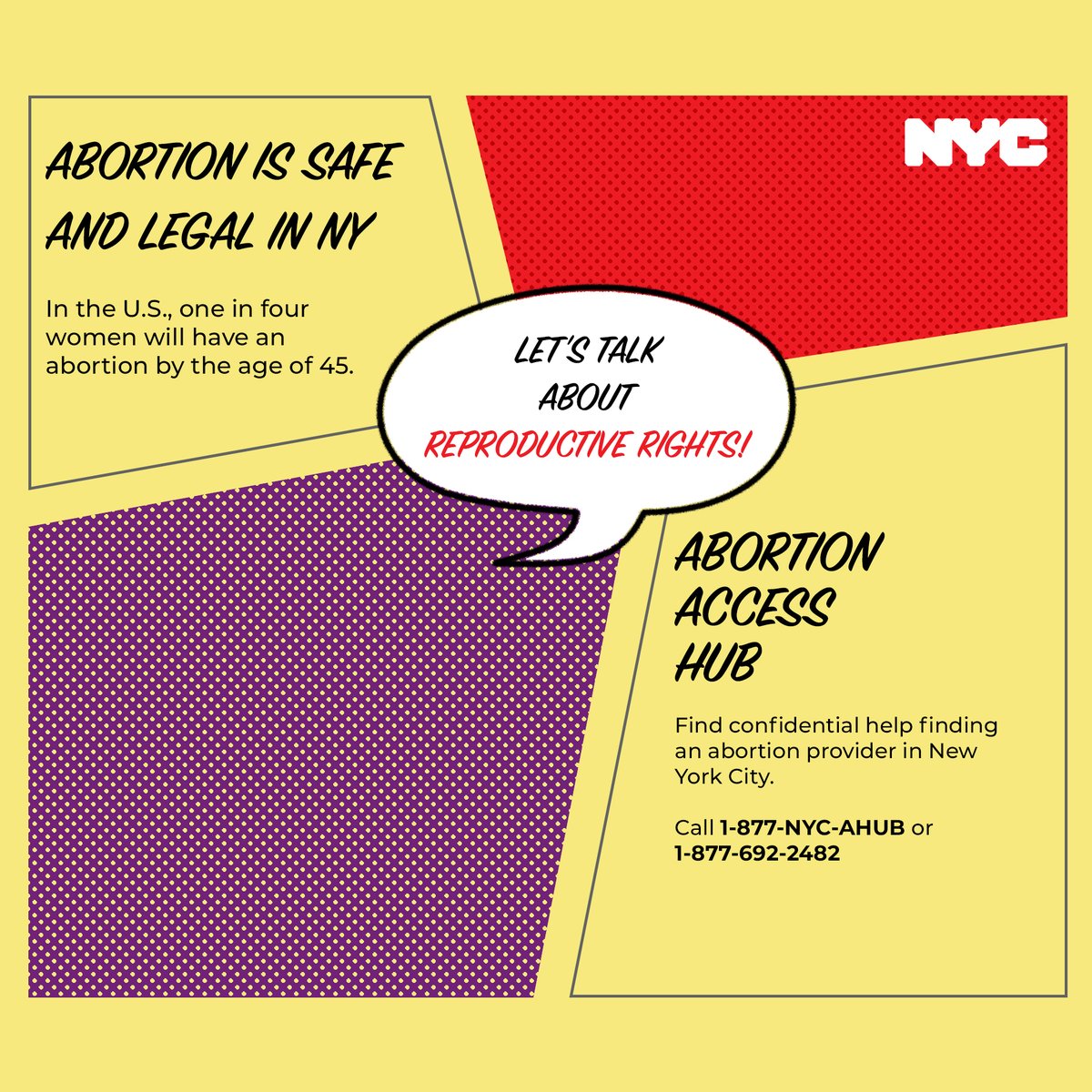 Reproductive health is a fundamental right and our #GetCoveredNYC team is here to provide you with resources on accessing reproductive healthcare @ nyc.gov/GetCoveredNYC 🏩 

Call 1-877-NYC-AHUB or 1-877-692-2482 to find an abortion provider in NYC.
#WomensHealthAwarenessMonth